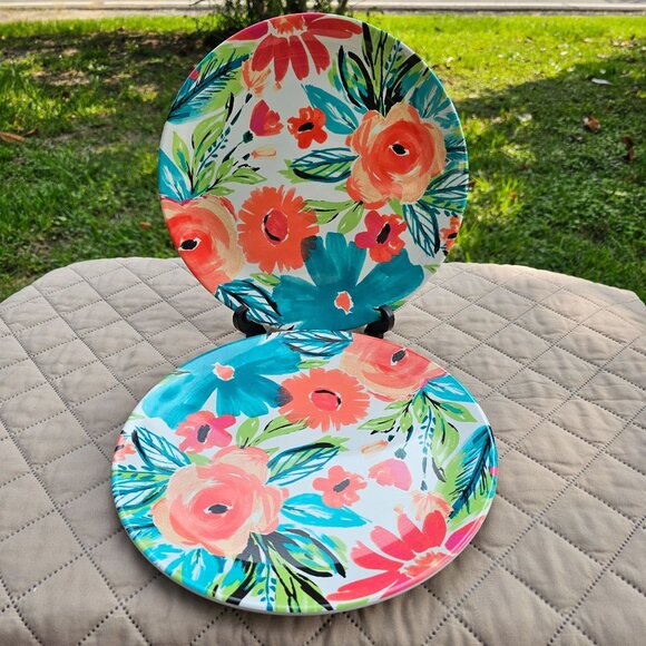 Nicole Miller Other - Nicole Miller Floral Melamine 11" Dinner Plate Pair Turquoise, Orange EUC